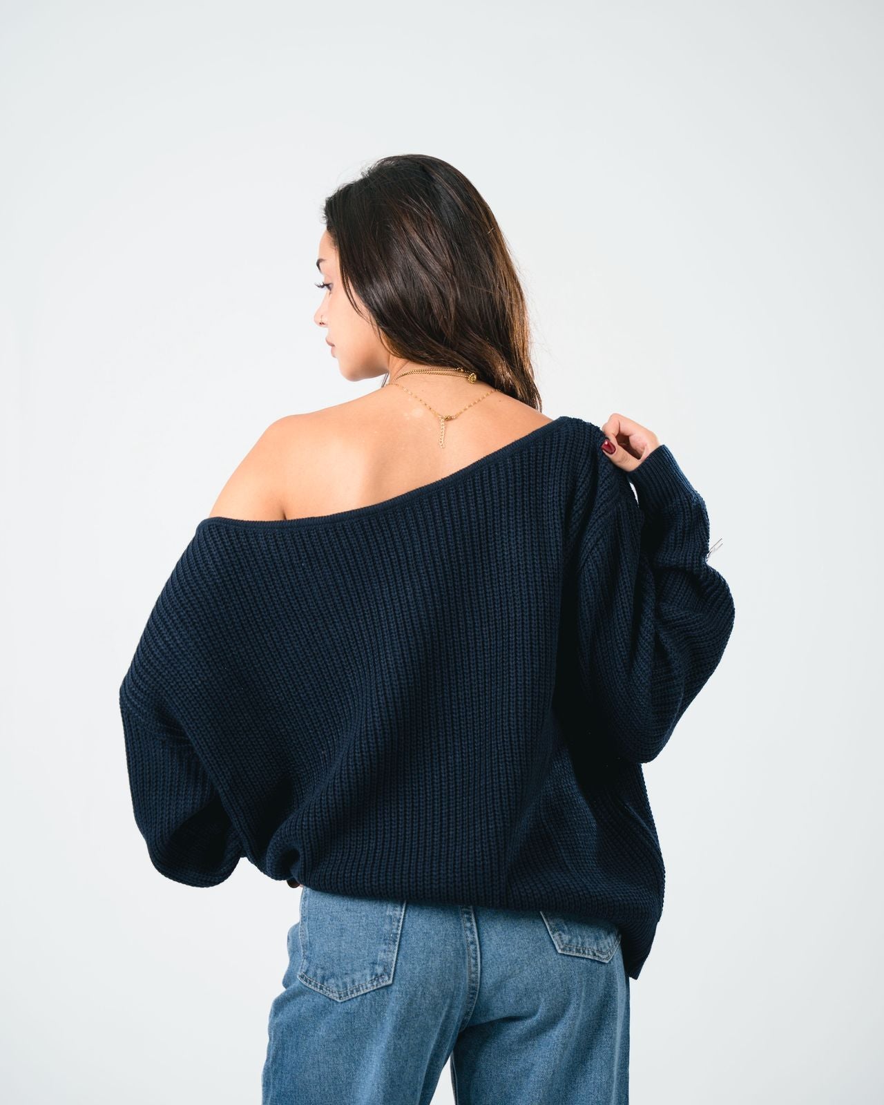 “OFF-SHOULDER” Navy Knitted Sweater