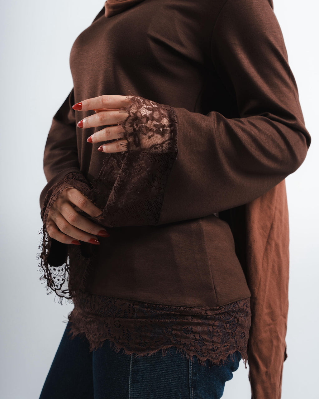 Brown Lace Tee Long Sleeve