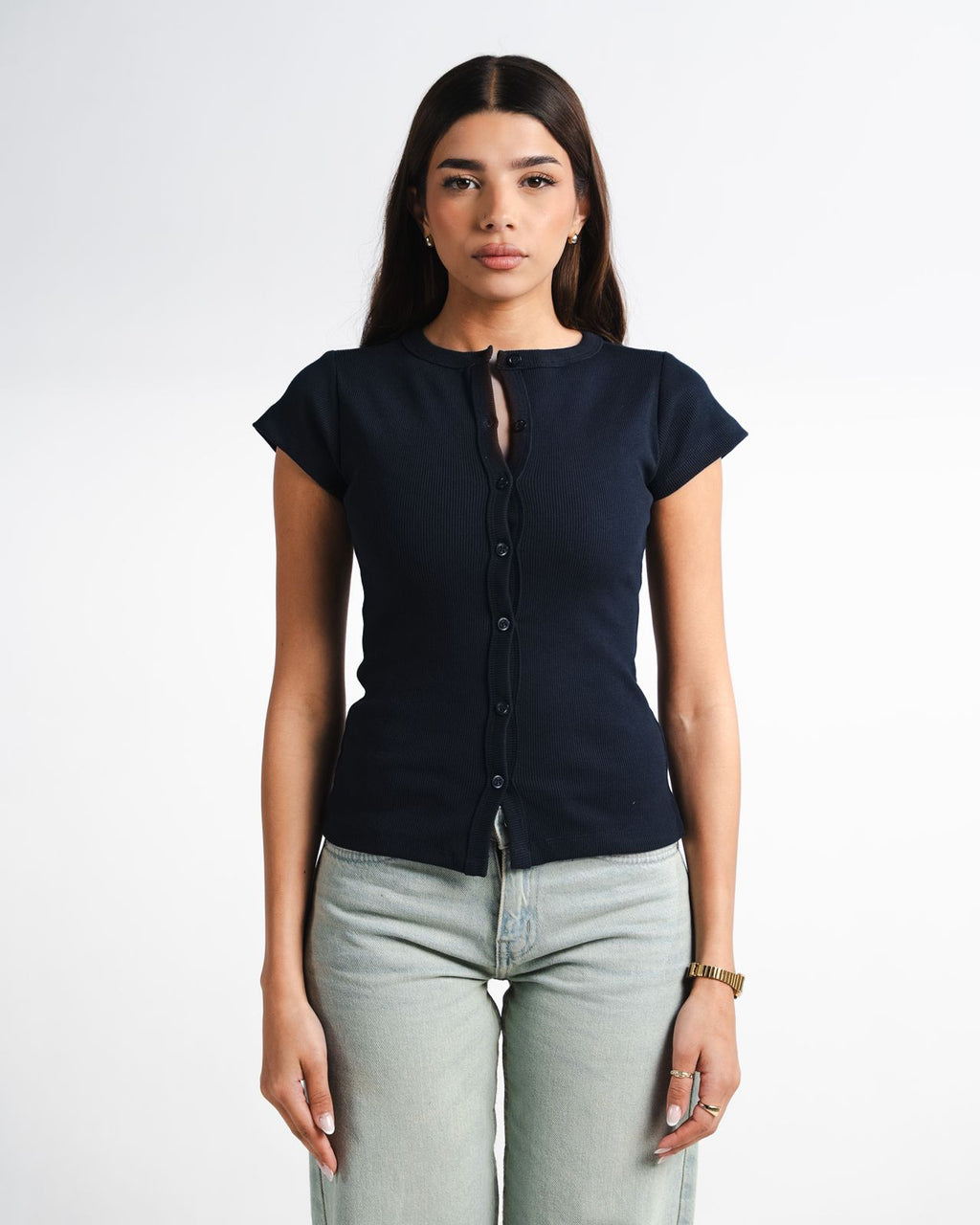 Navy Button Top