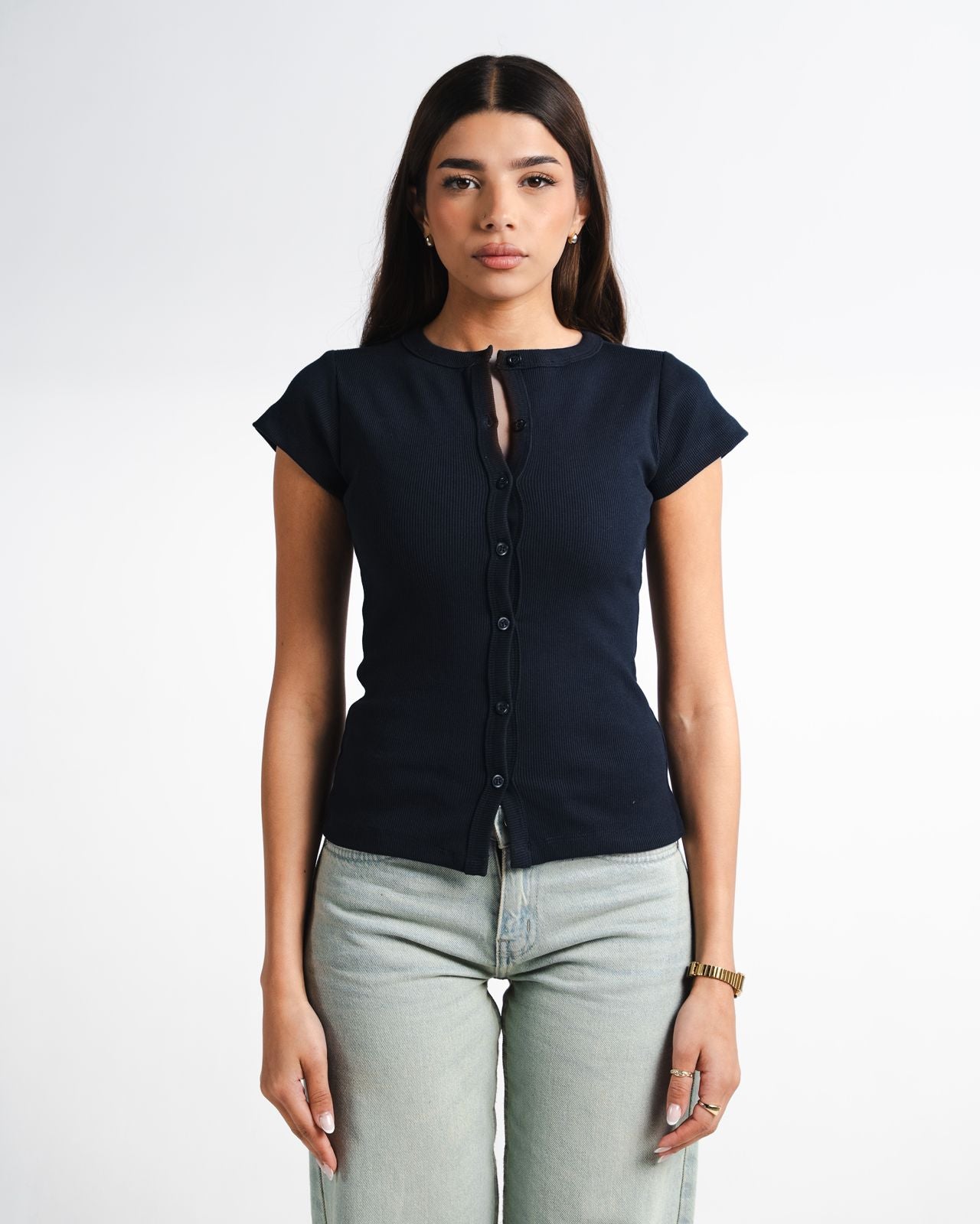 Navy Button Top
