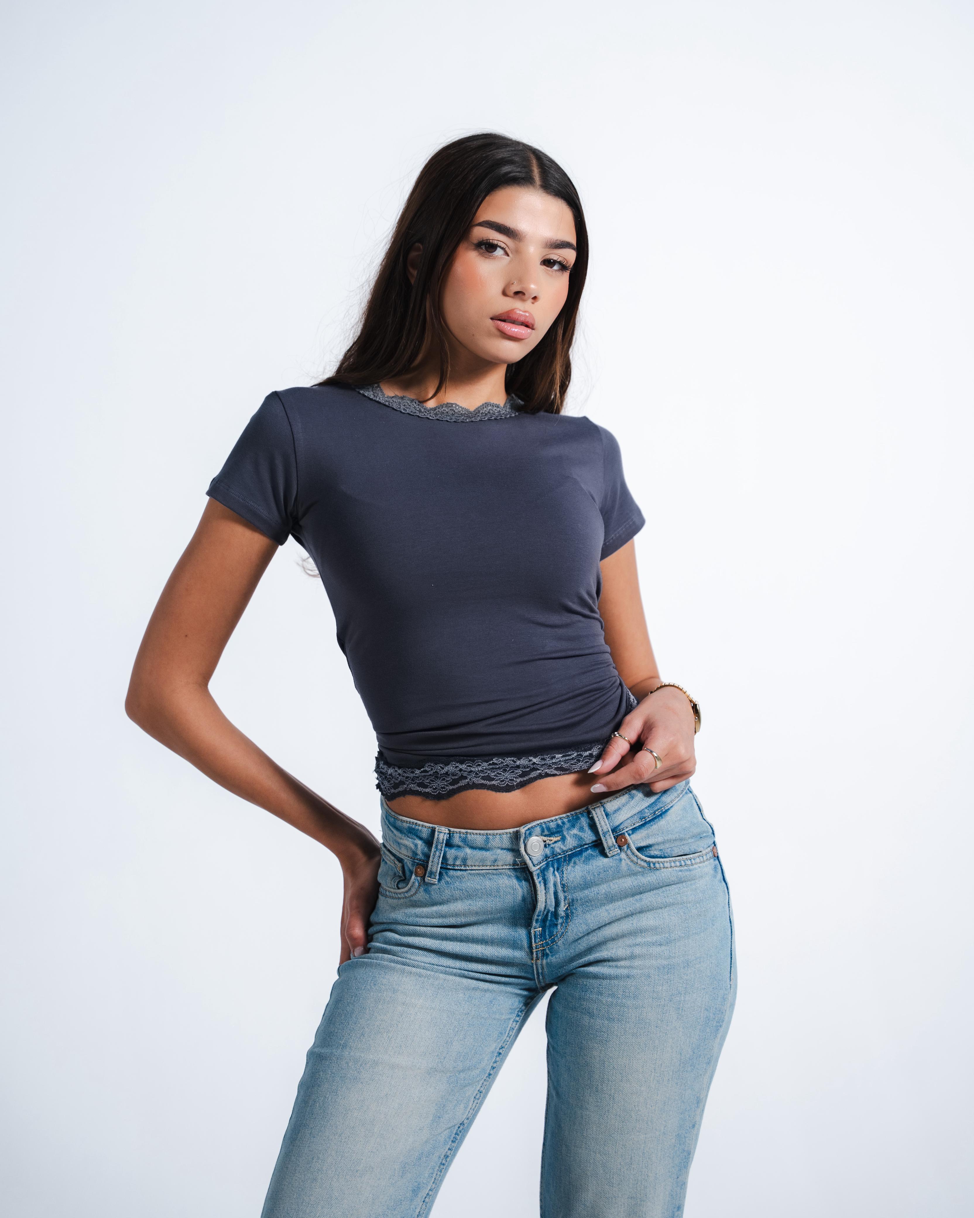 Dark grey Round lace Top