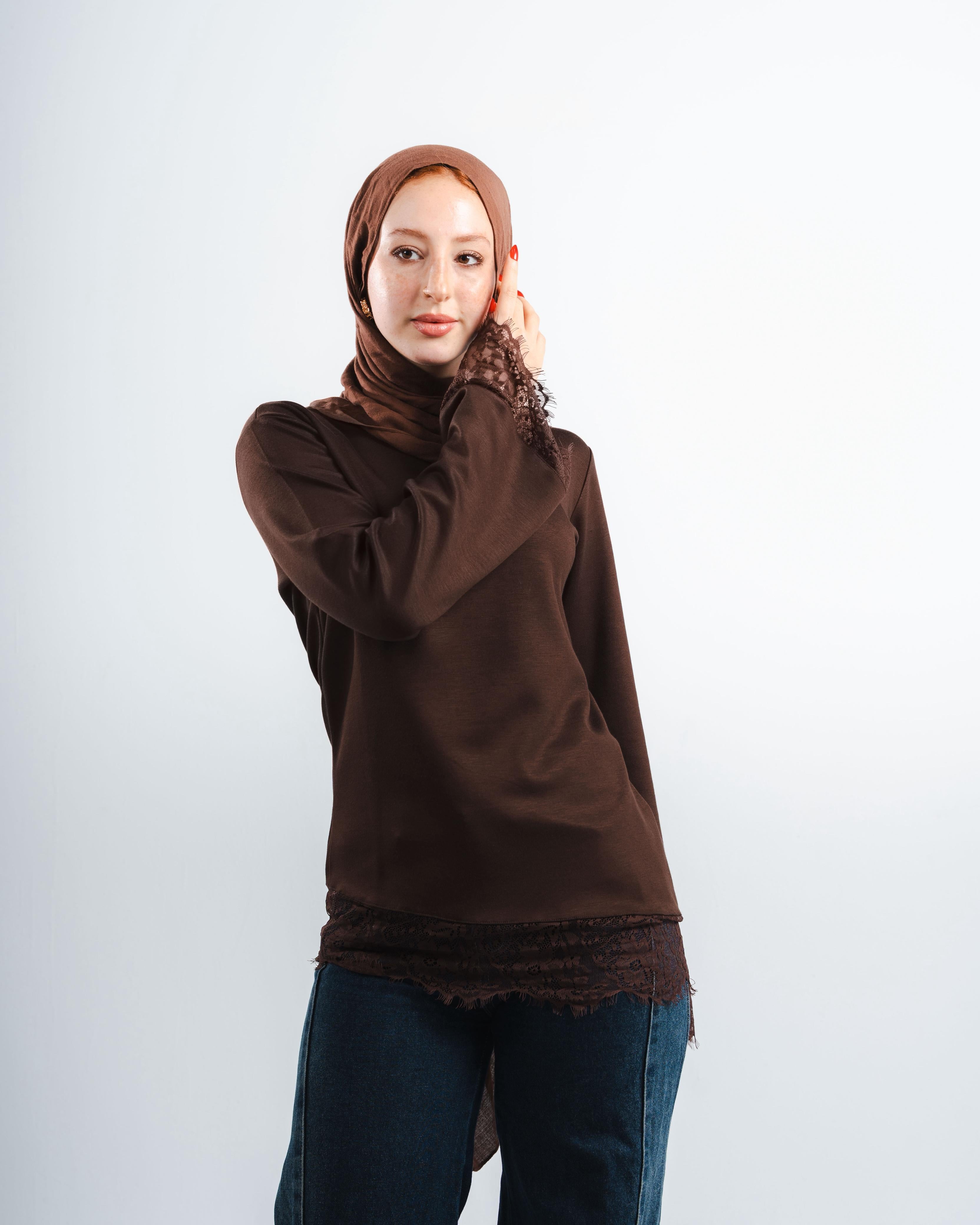 Brown Lace Tee Long Sleeve