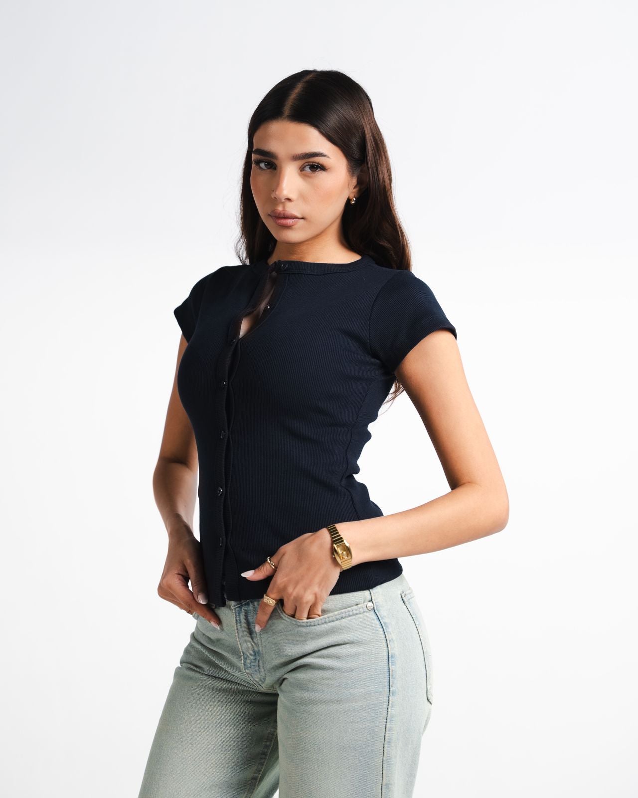 Navy Button Top