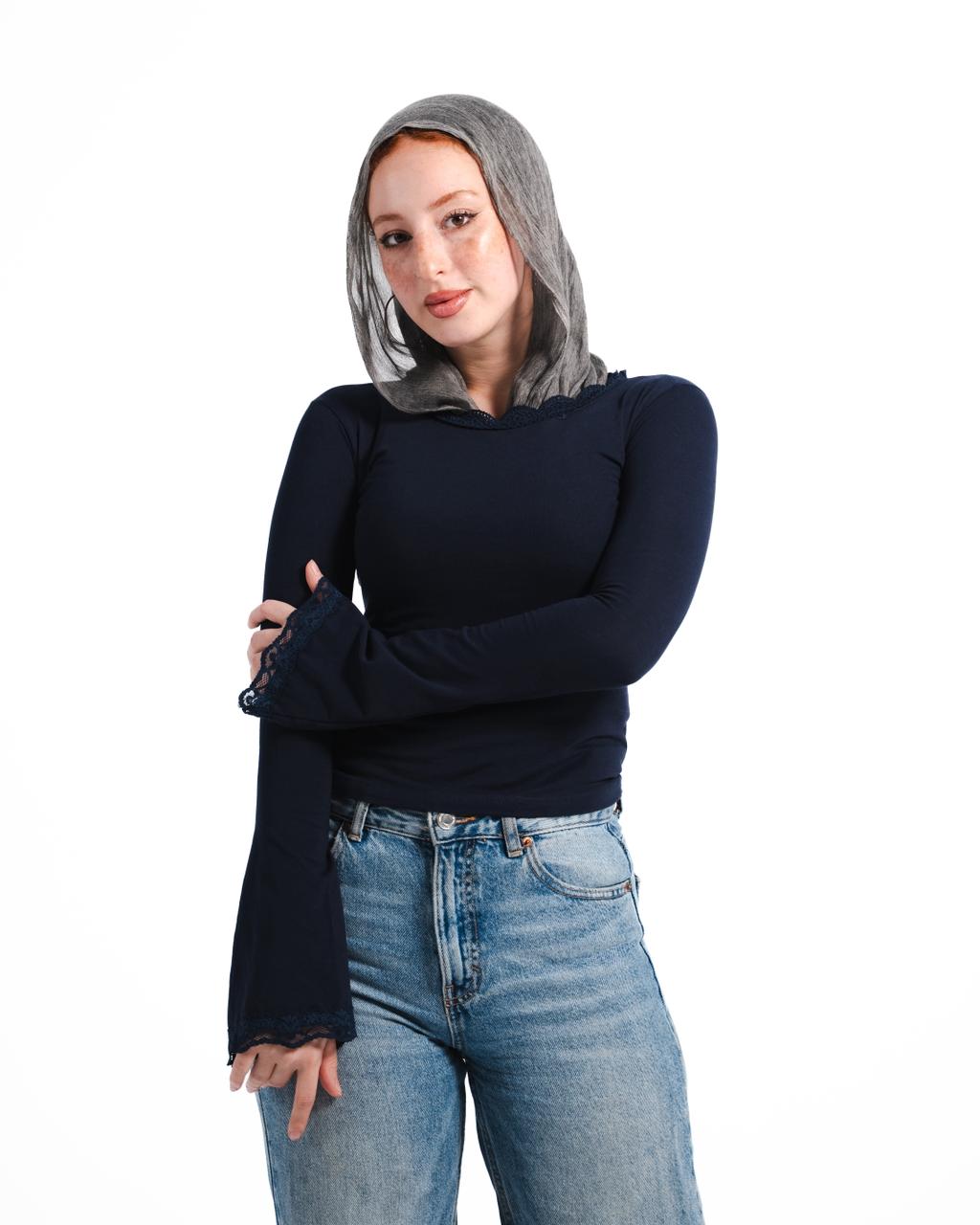 Navy Lace Long sleeve Top
