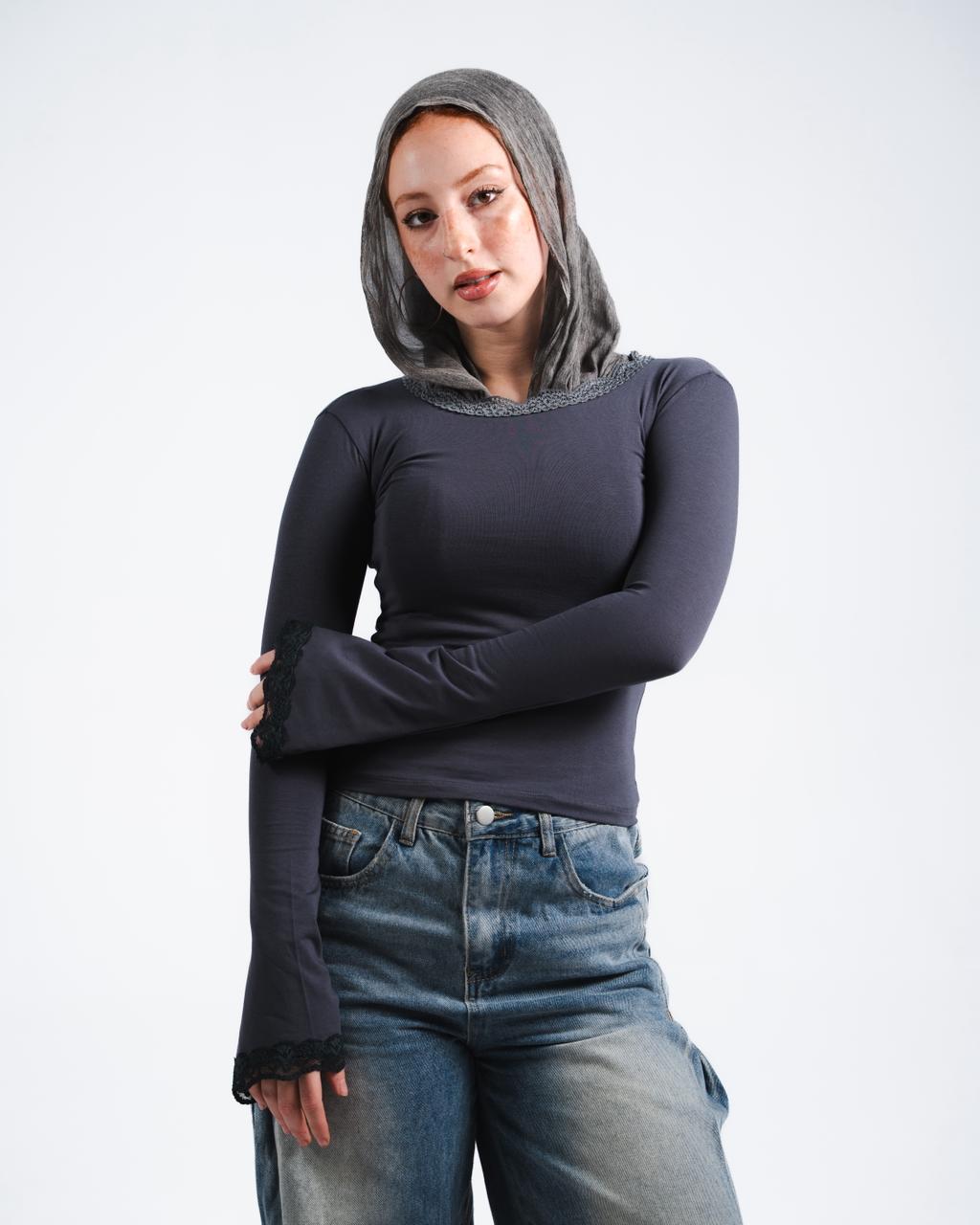 Dark Grey Lace Long sleeve Top