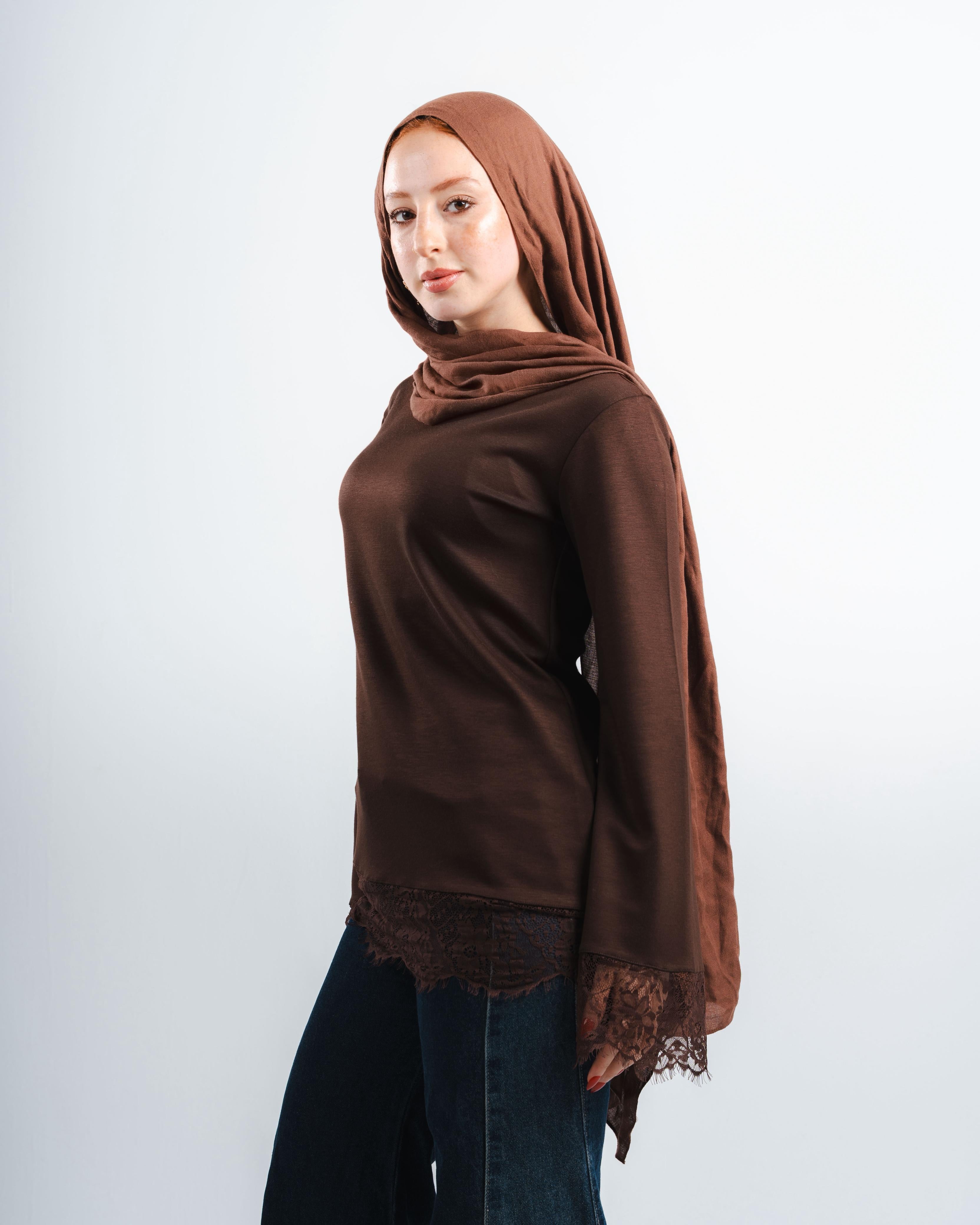 Brown Lace Tee Long Sleeve