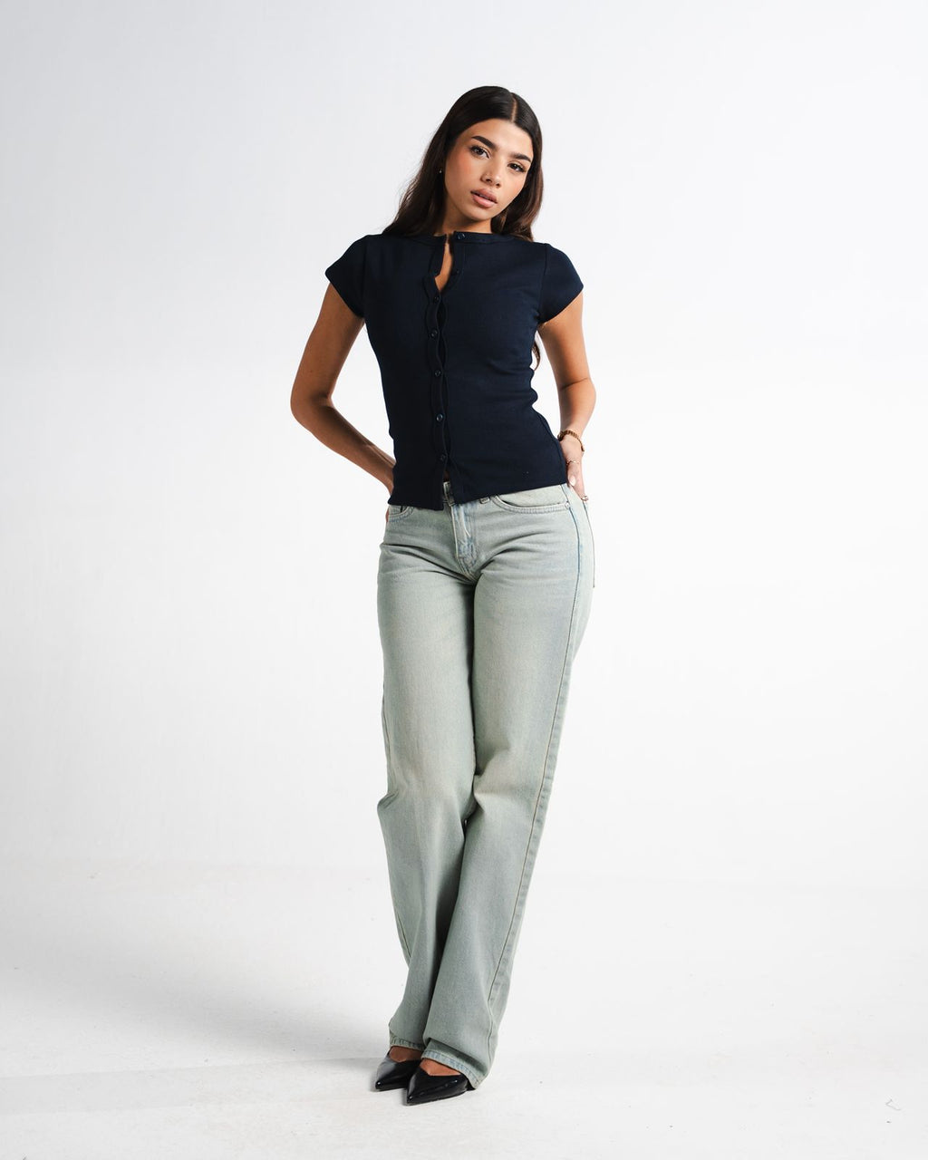 Navy Button Top