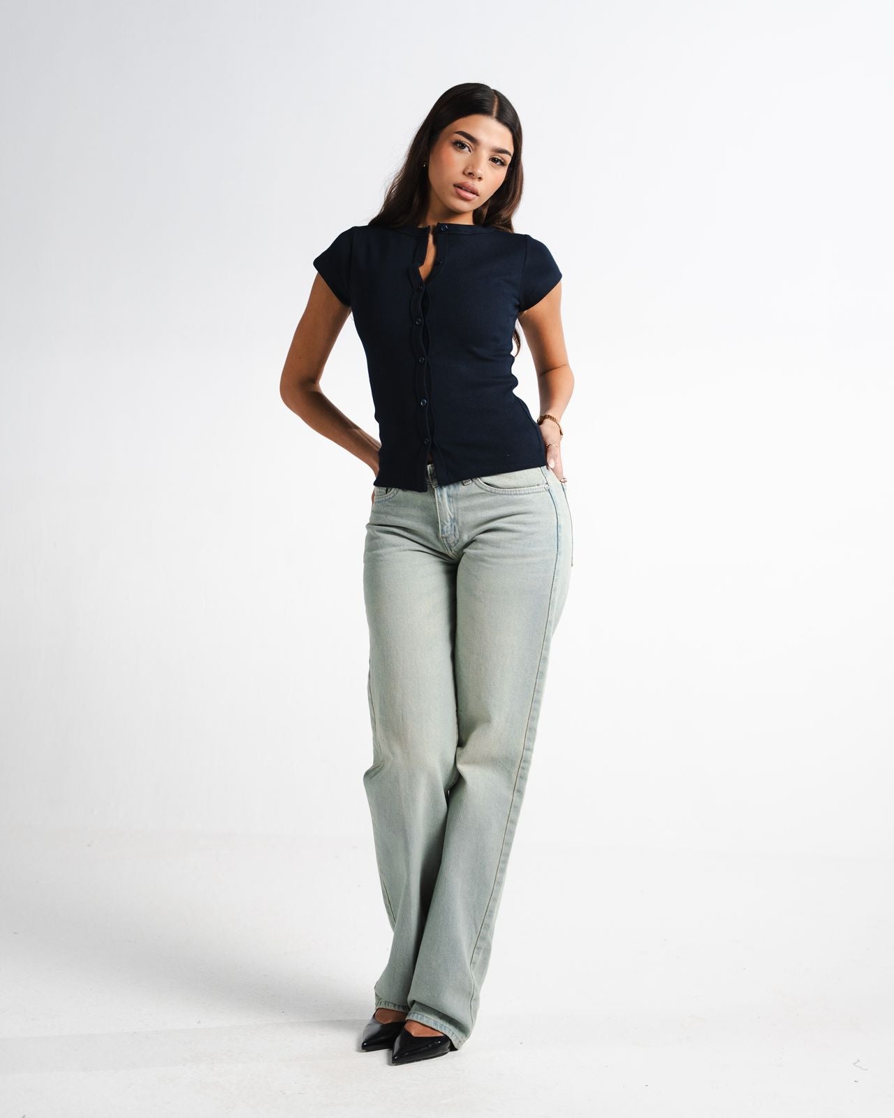 Navy Button Top