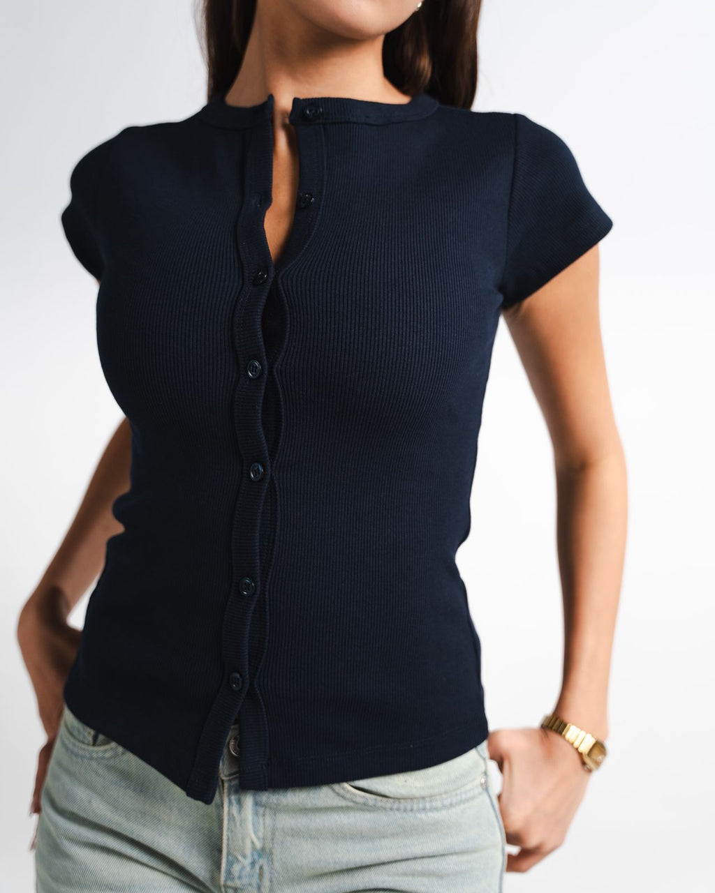 Navy Button Top