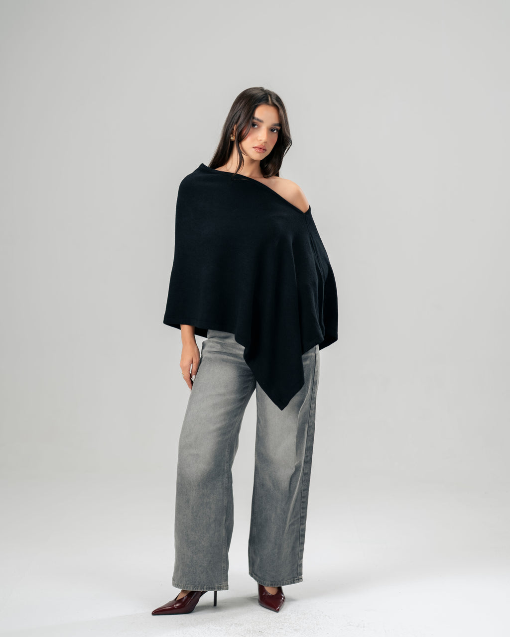 One-Shoulder black Poncho