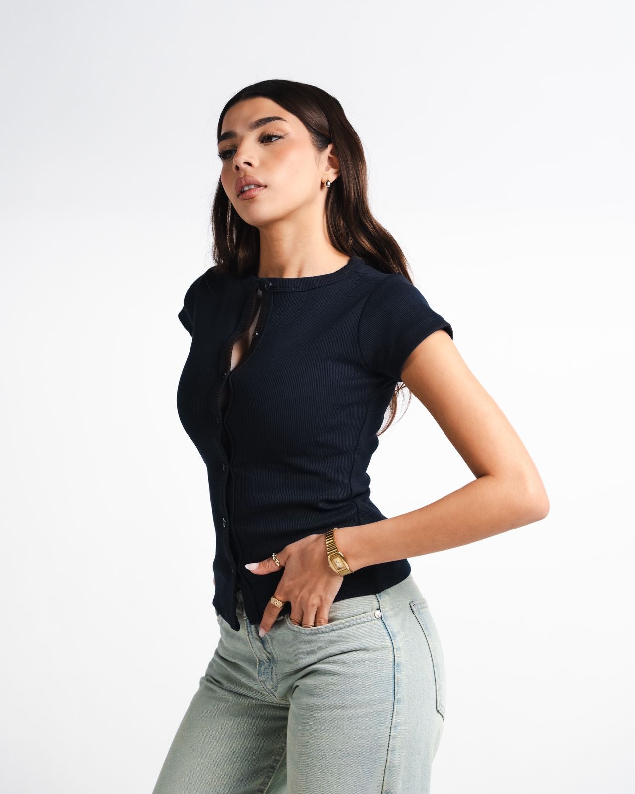 Navy Button Top