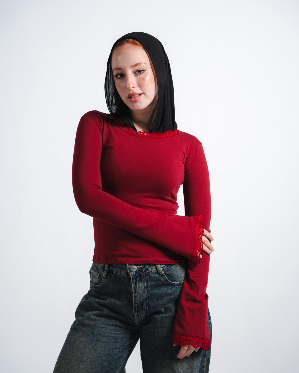 Cherry Red Lace long sleeve Top