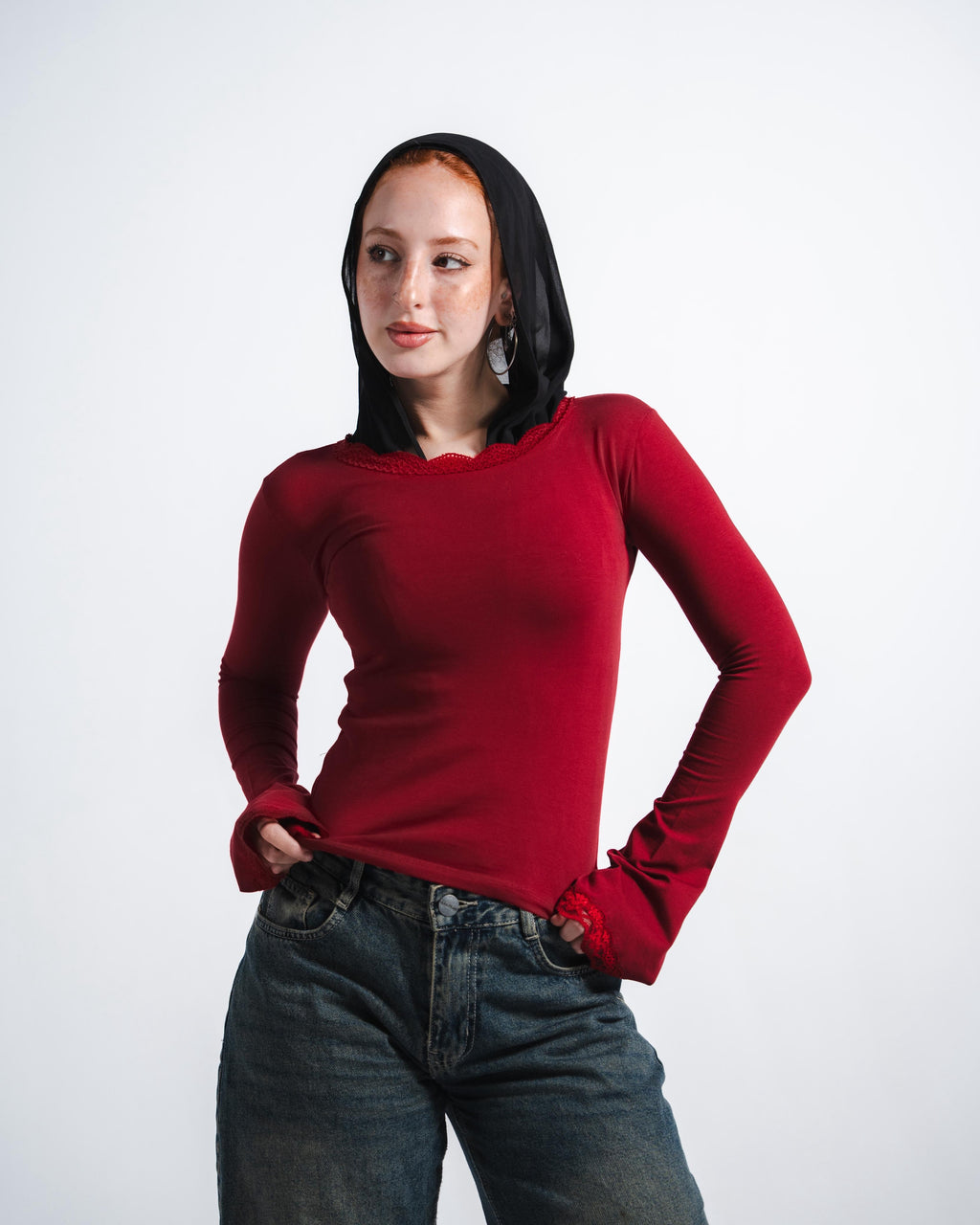 Cherry Red Lace long sleeve Top