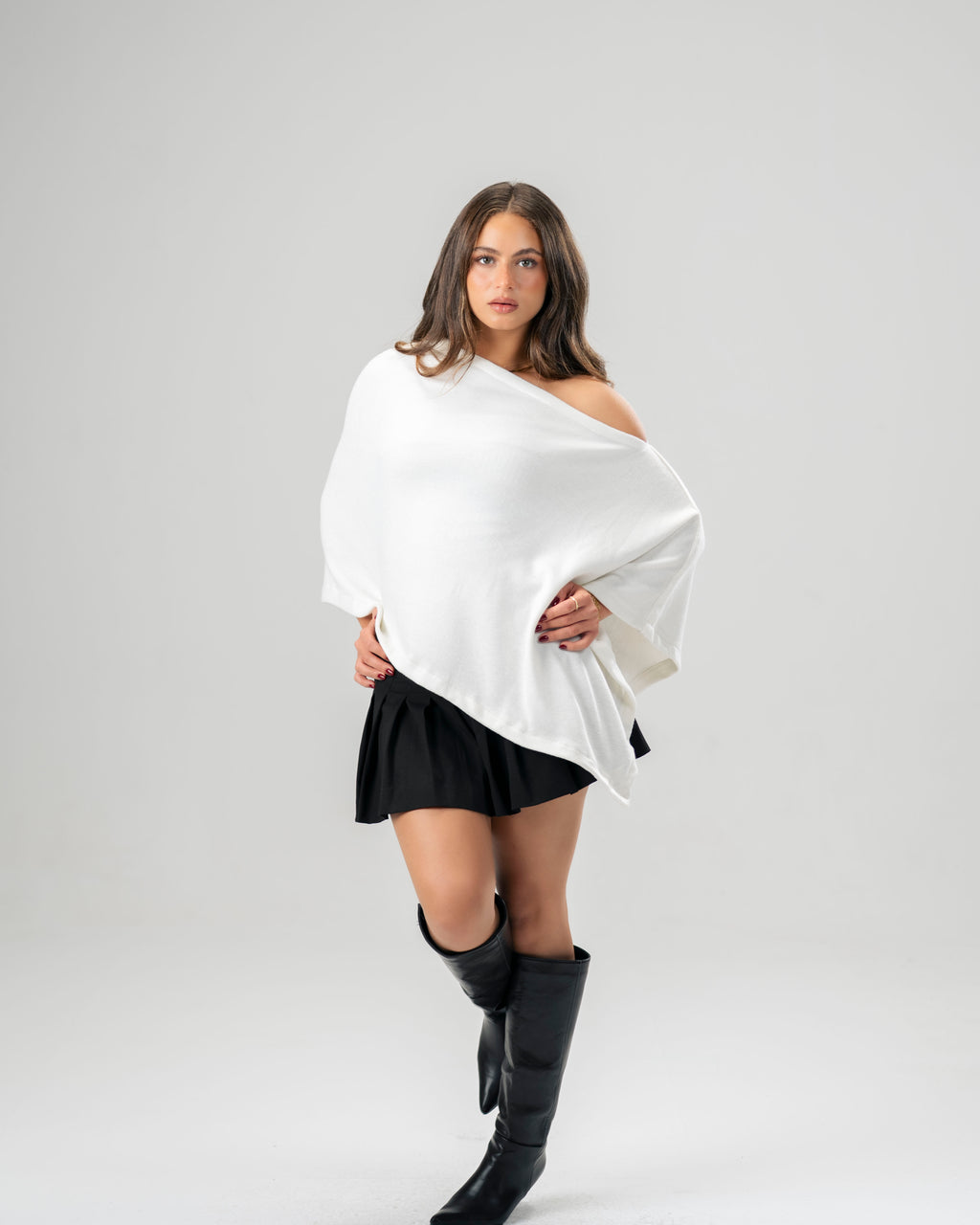 One-Shoulder White Poncho