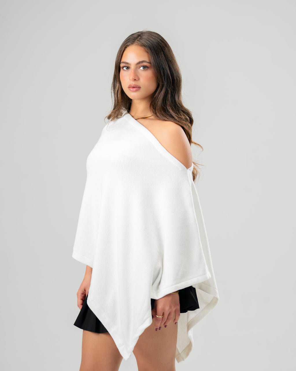 One-Shoulder White Poncho