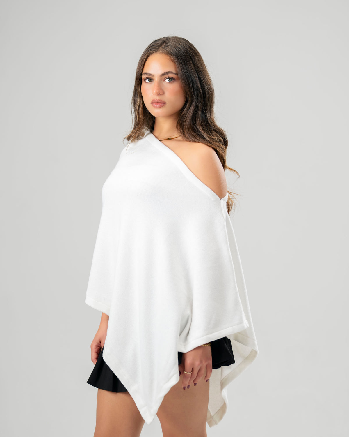 One-Shoulder White Poncho