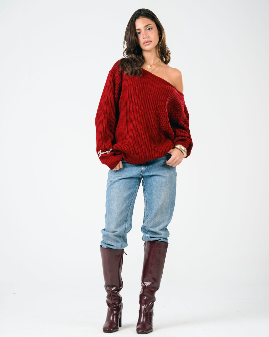 “OFF-SHOULDER” Burgundy Knitted Sweater