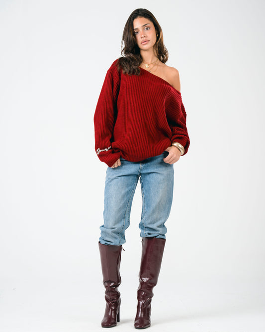 “OFF-SHOULDER” Burgundy Knitted Sweater
