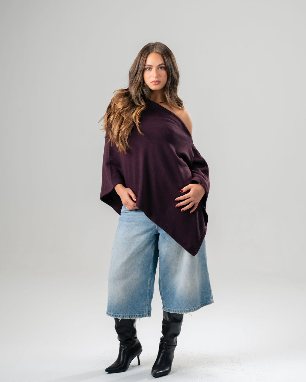 One-Shoulder Plum Burgundy poncho