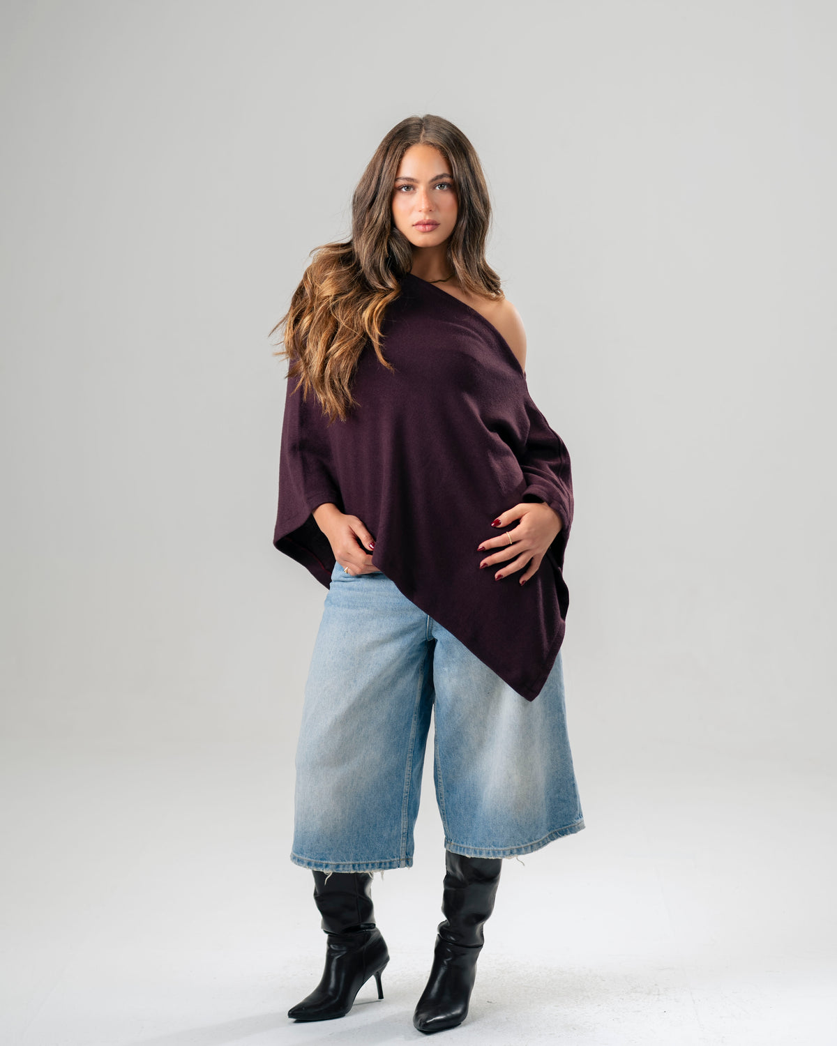 One-Shoulder Plum Burgundy poncho