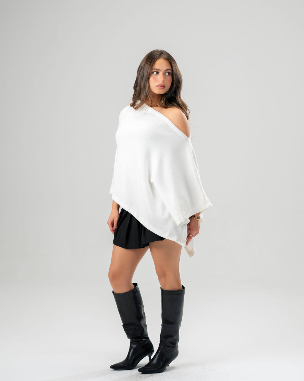 One-Shoulder White Poncho