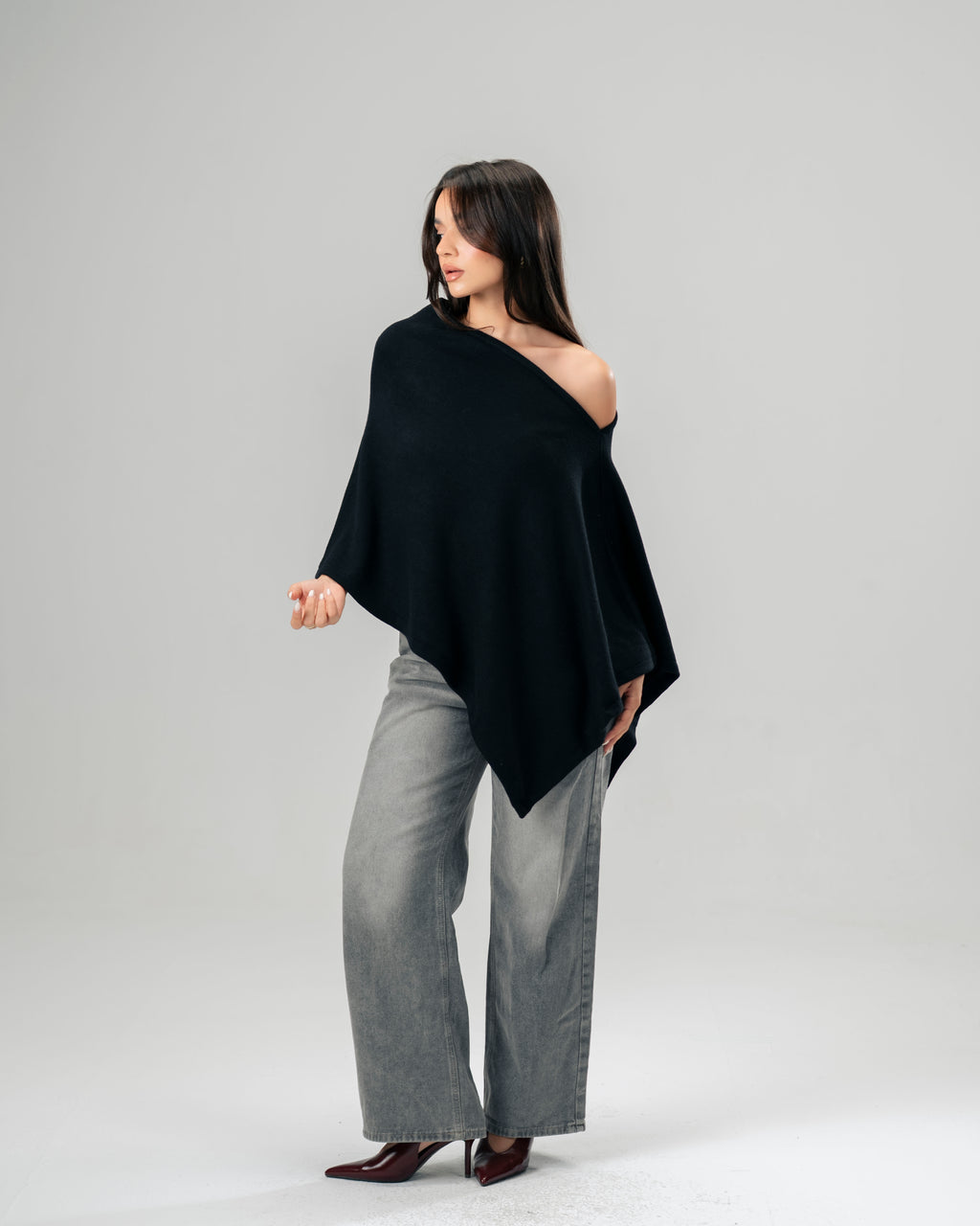 One-Shoulder black Poncho