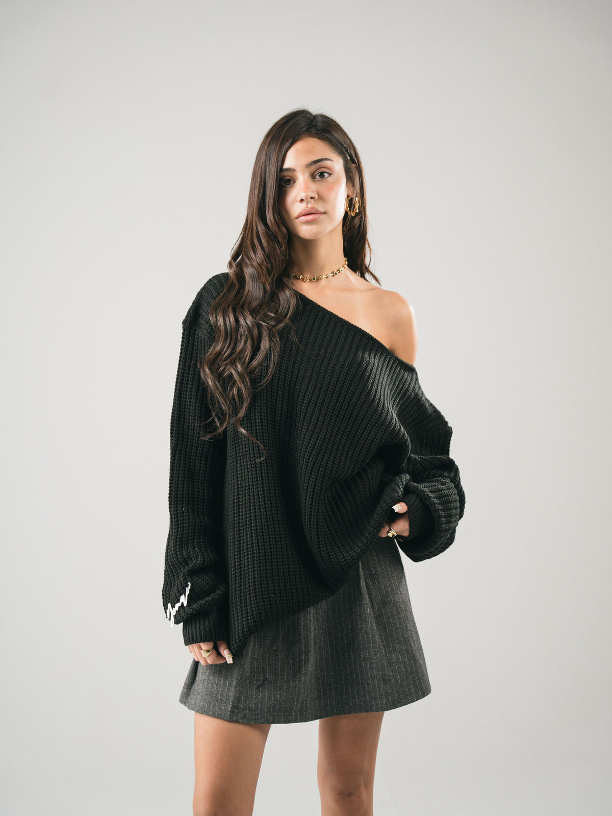 “OFF-SHOULDER” Black Knitted Sweater