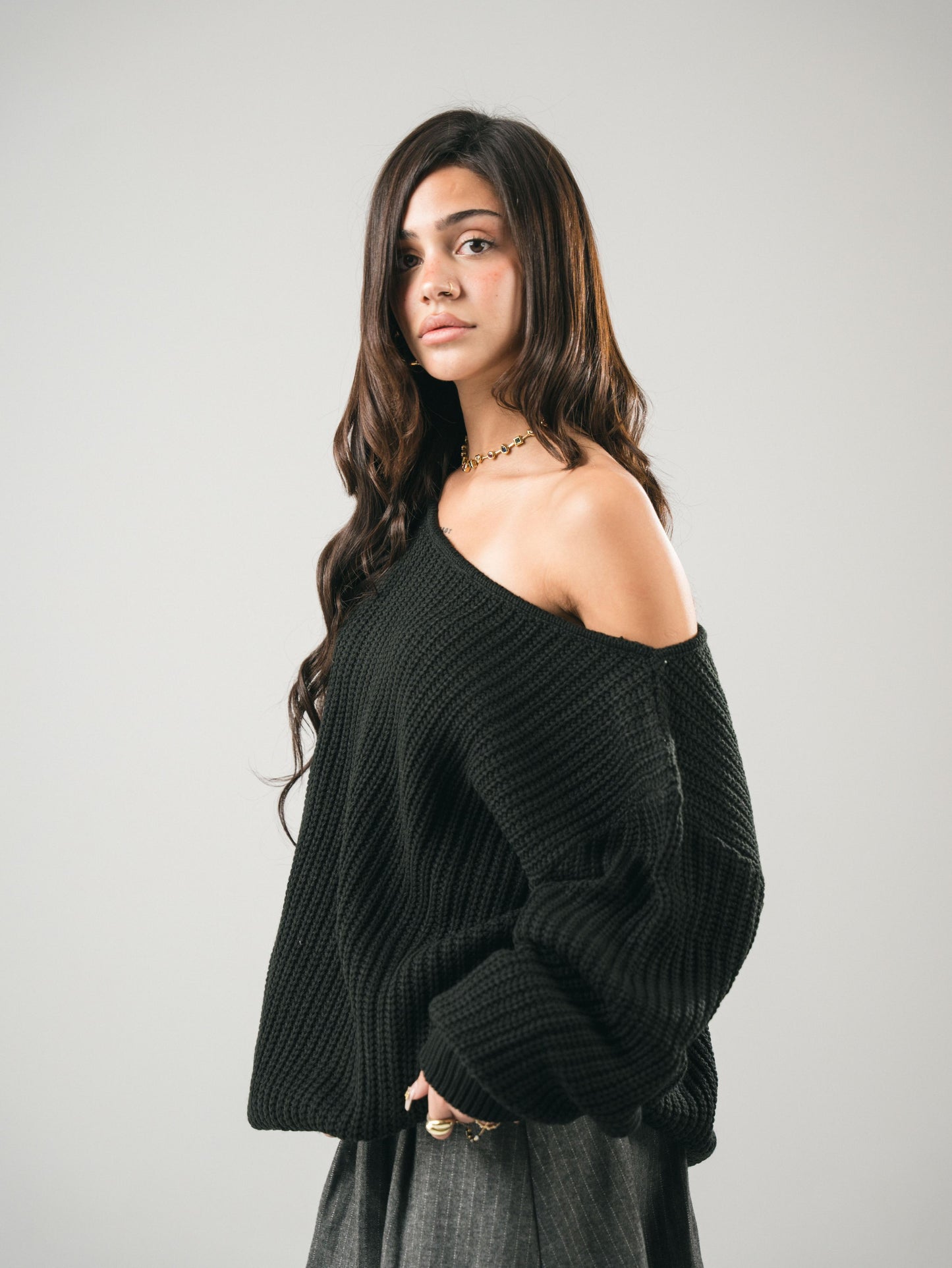 “OFF-SHOULDER” Black Knitted Sweater