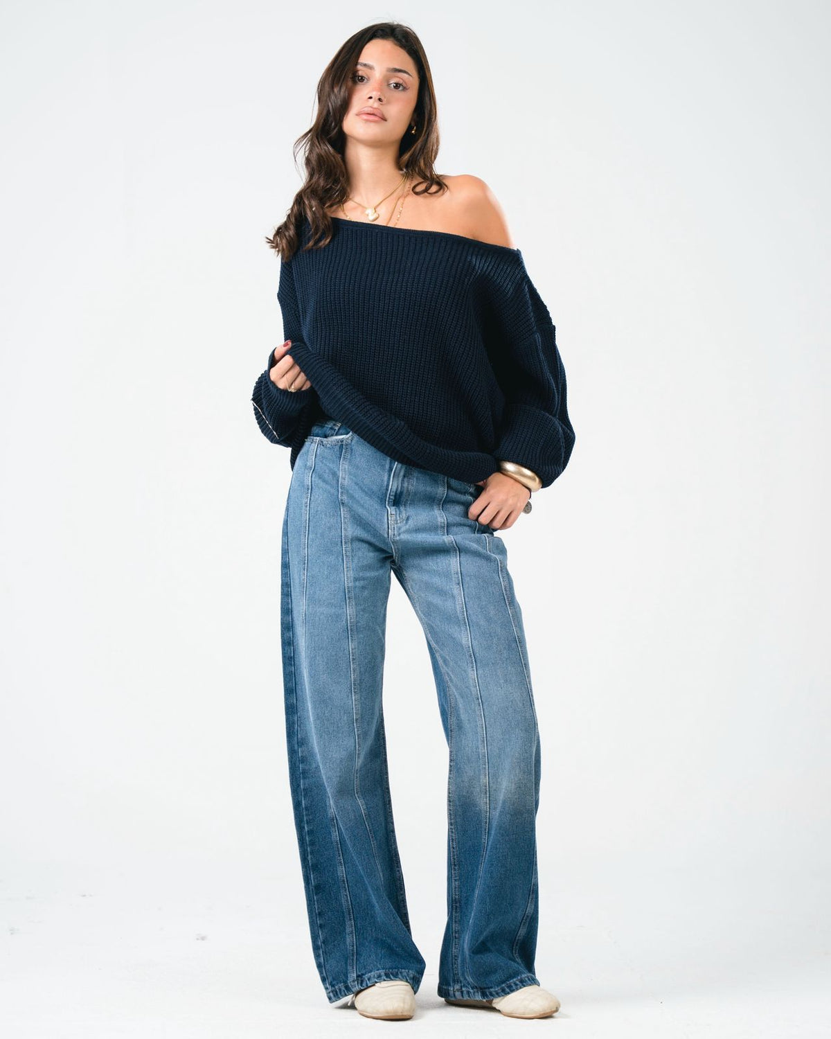 “OFF-SHOULDER” Navy Knitted Sweater