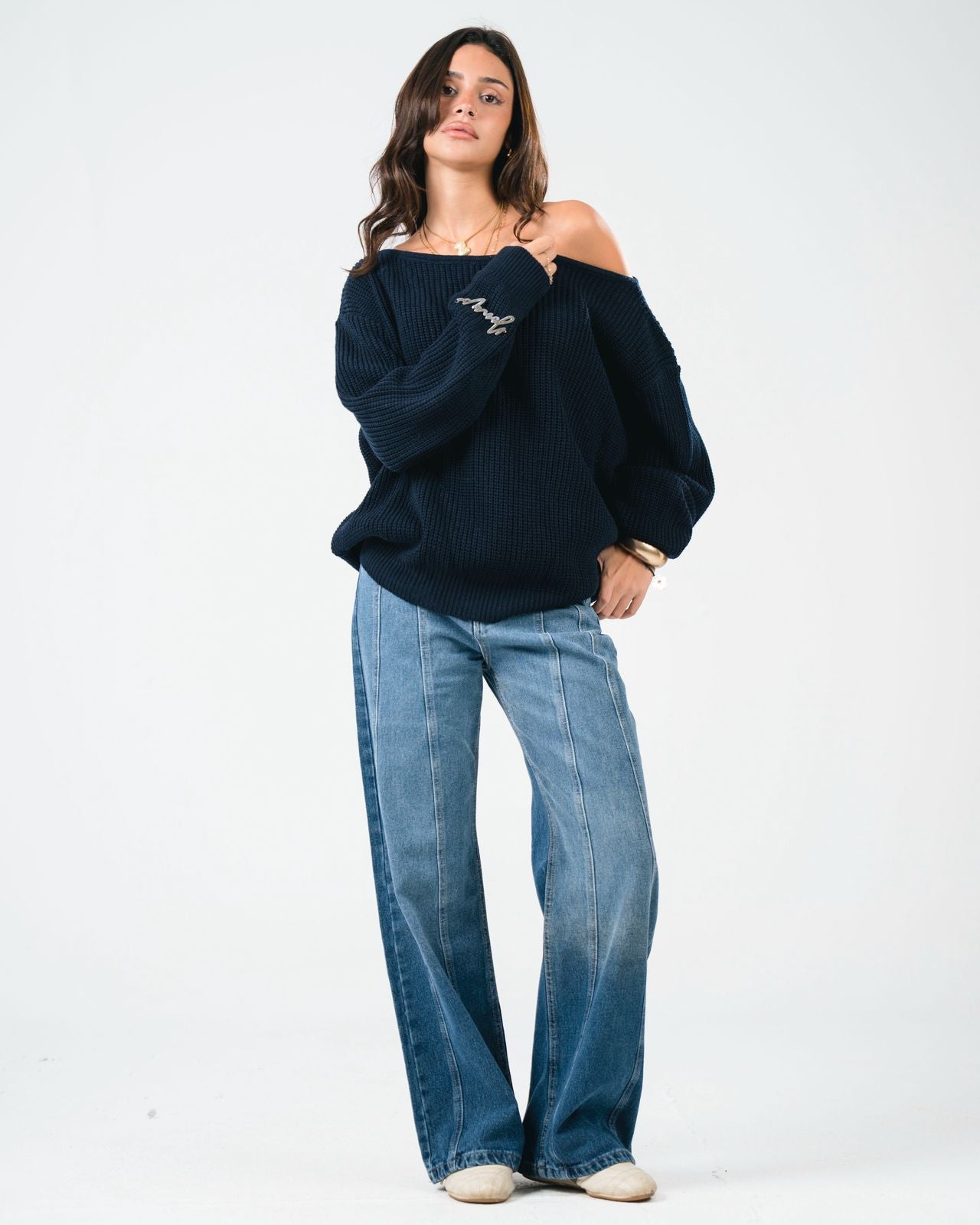“OFF-SHOULDER” Navy Knitted Sweater