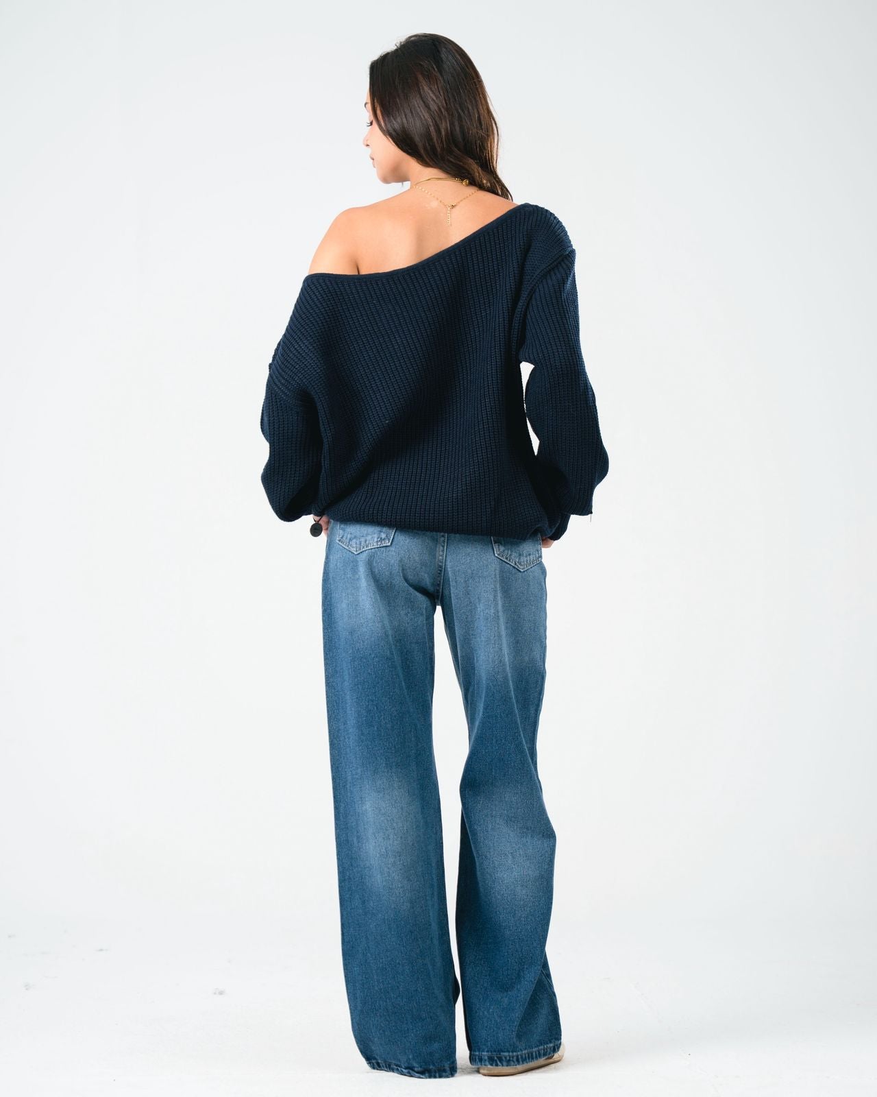 “OFF-SHOULDER” Navy Knitted Sweater