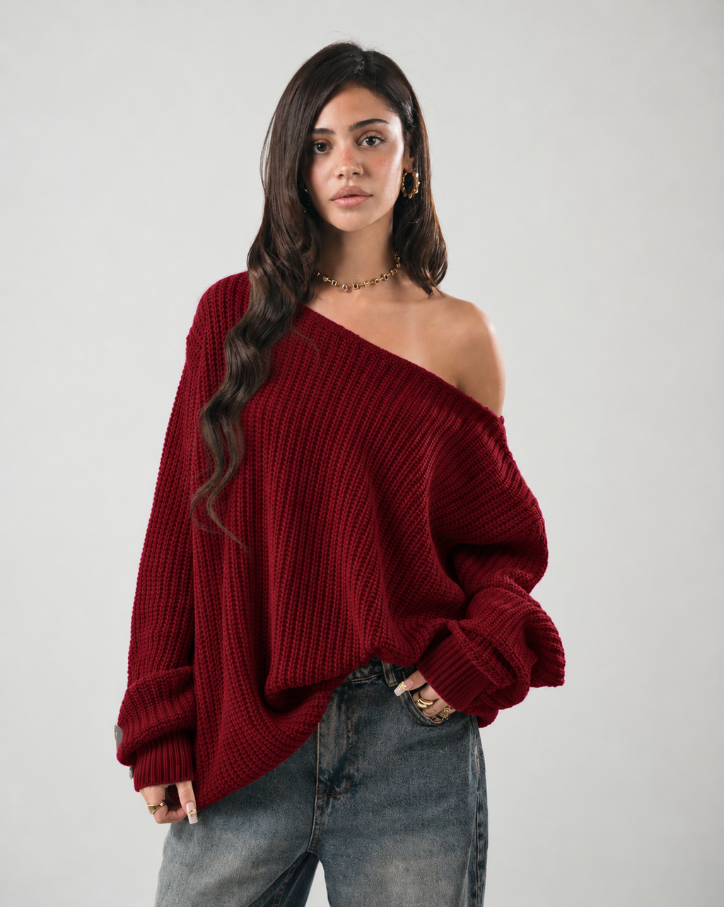 “OFF-SHOULDER” Burgundy Knitted Sweater