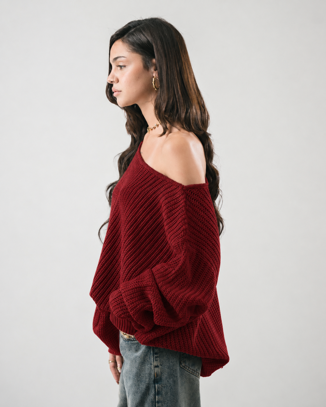 “OFF-SHOULDER” Burgundy Knitted Sweater