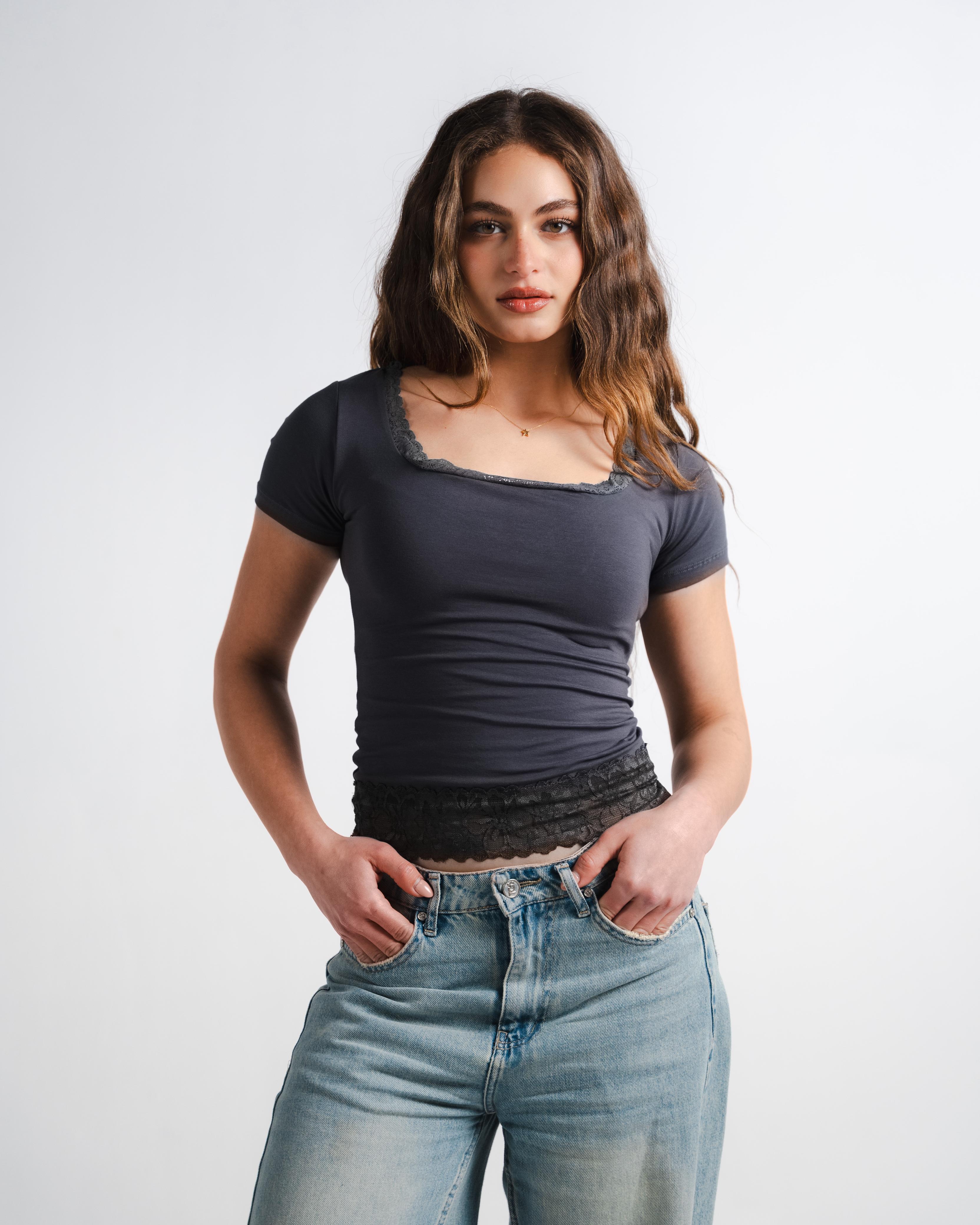 Dark Grey Square Lace Top