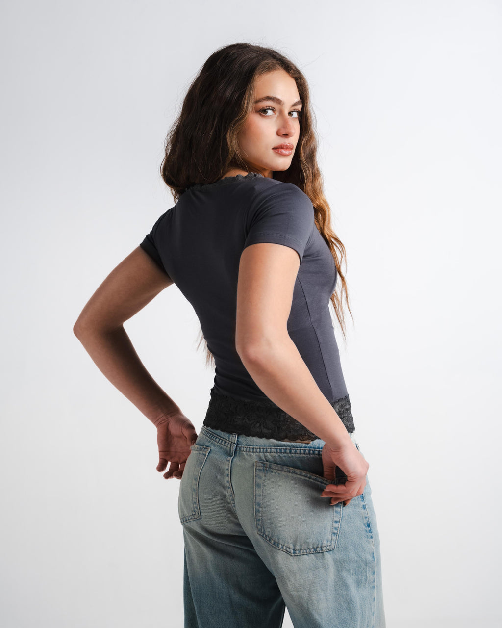 Dark Grey Square Lace Top